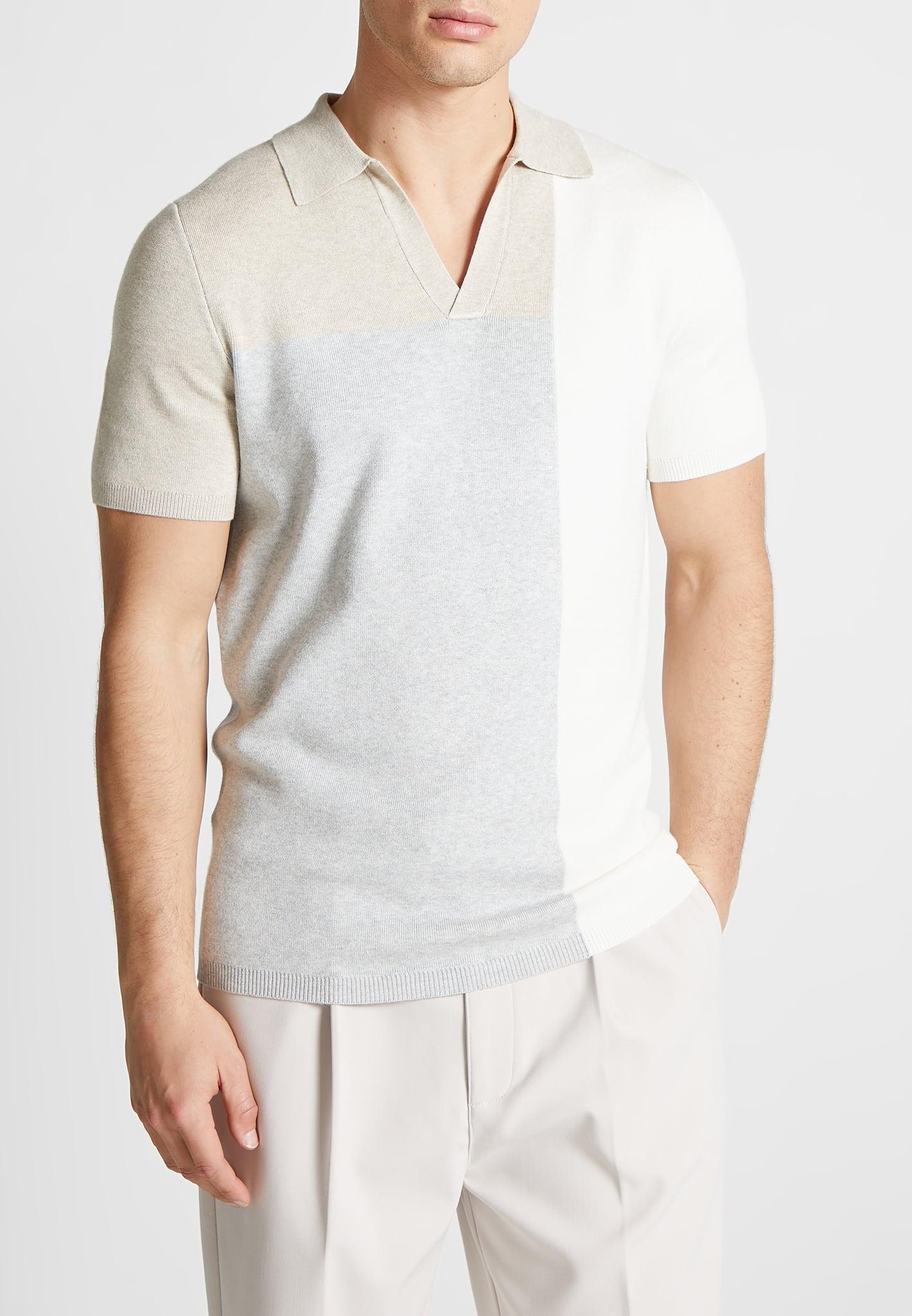 Colour Block Knit Revere Polo Top - Beige/Grey Male Product Image