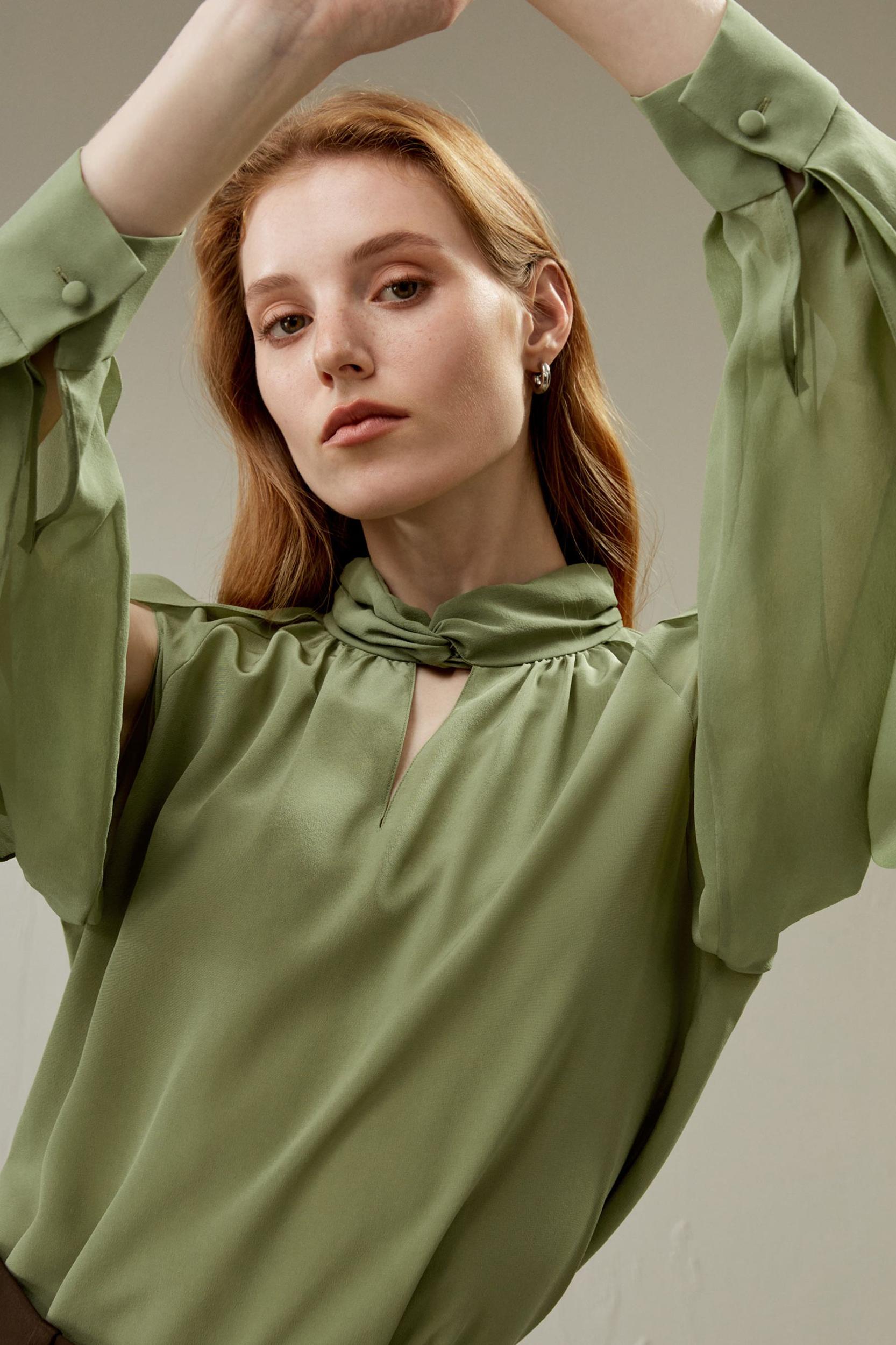 LILYSILK Women's Silk Crepe Side Slit Lantern Sleeve Blouse Top Pistachio XXS Product Image