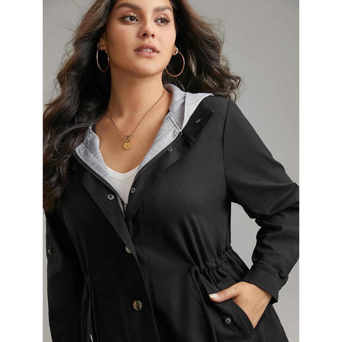 Plus Size Contrast Hooded Drawstring Zipper Button Up Jacket Women Black Contrast Pocket Dailywear Jackets BloomChic 28/5X Product Image