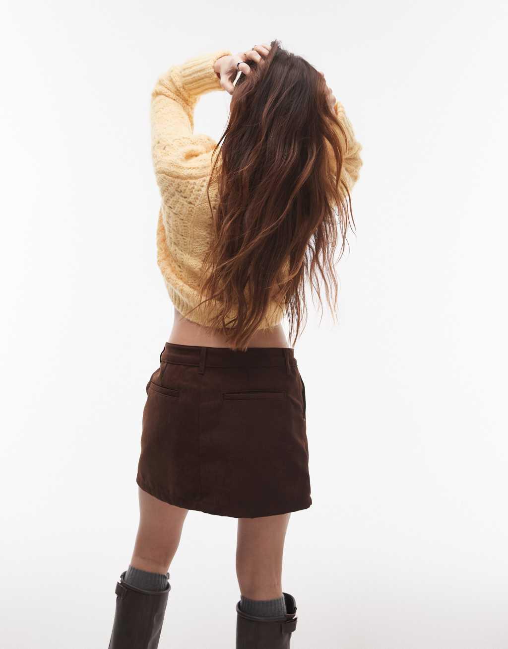 Topshop faux suede pelmet mini skirt in brown Product Image