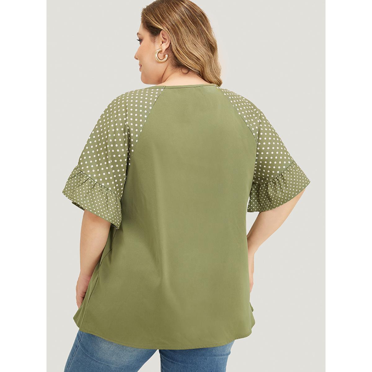 Plus Size Moss Polka Dot Raglan Sleeve Ruffle Trim Blouse Women Office Elbow-length sleeve V-neck Dailywear Blouses BloomChic 10/M Product Image
