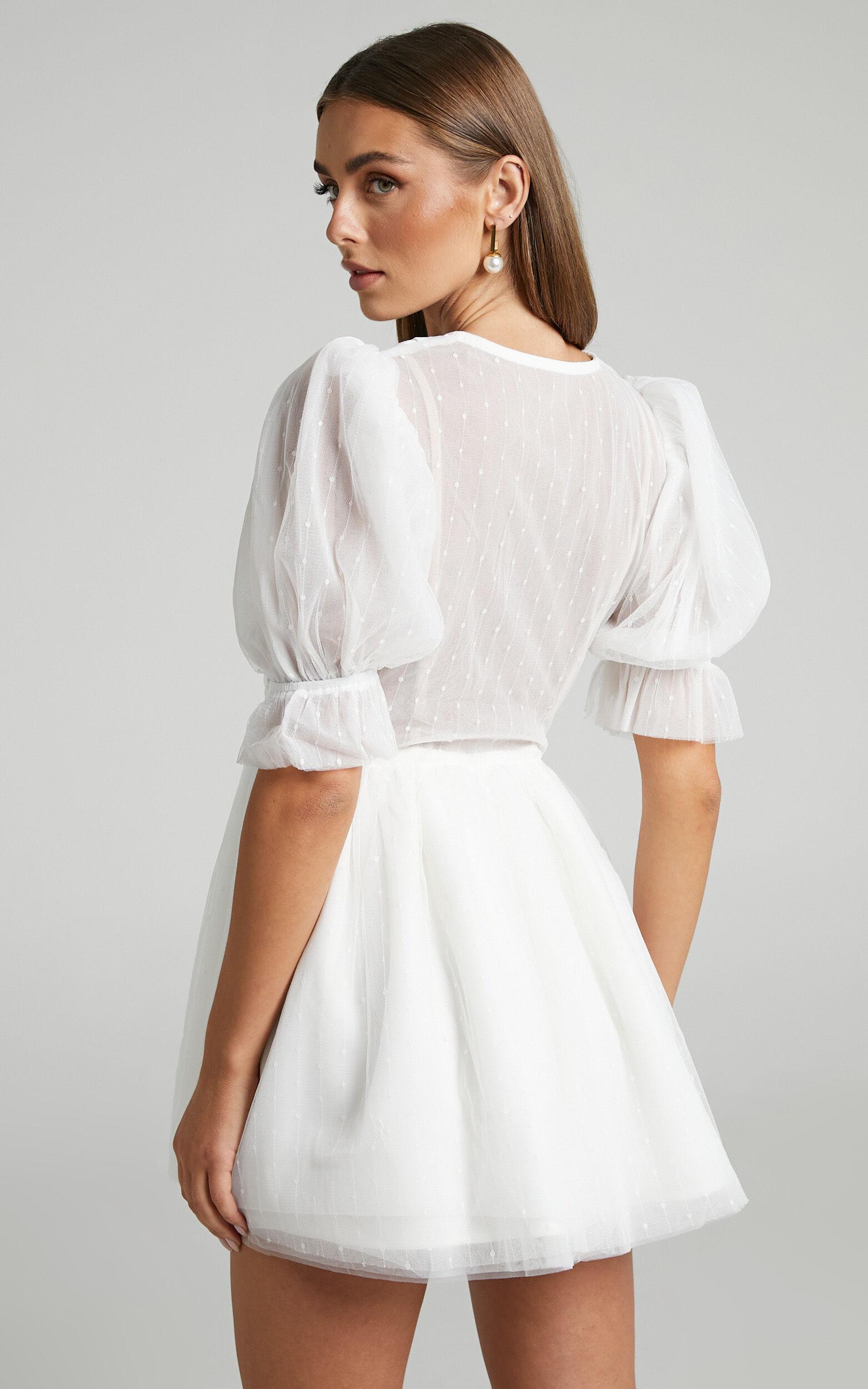 Akshia Mini Dress - Puff Sleeve Floral Detail Plunge Neck Dress in White Product Image