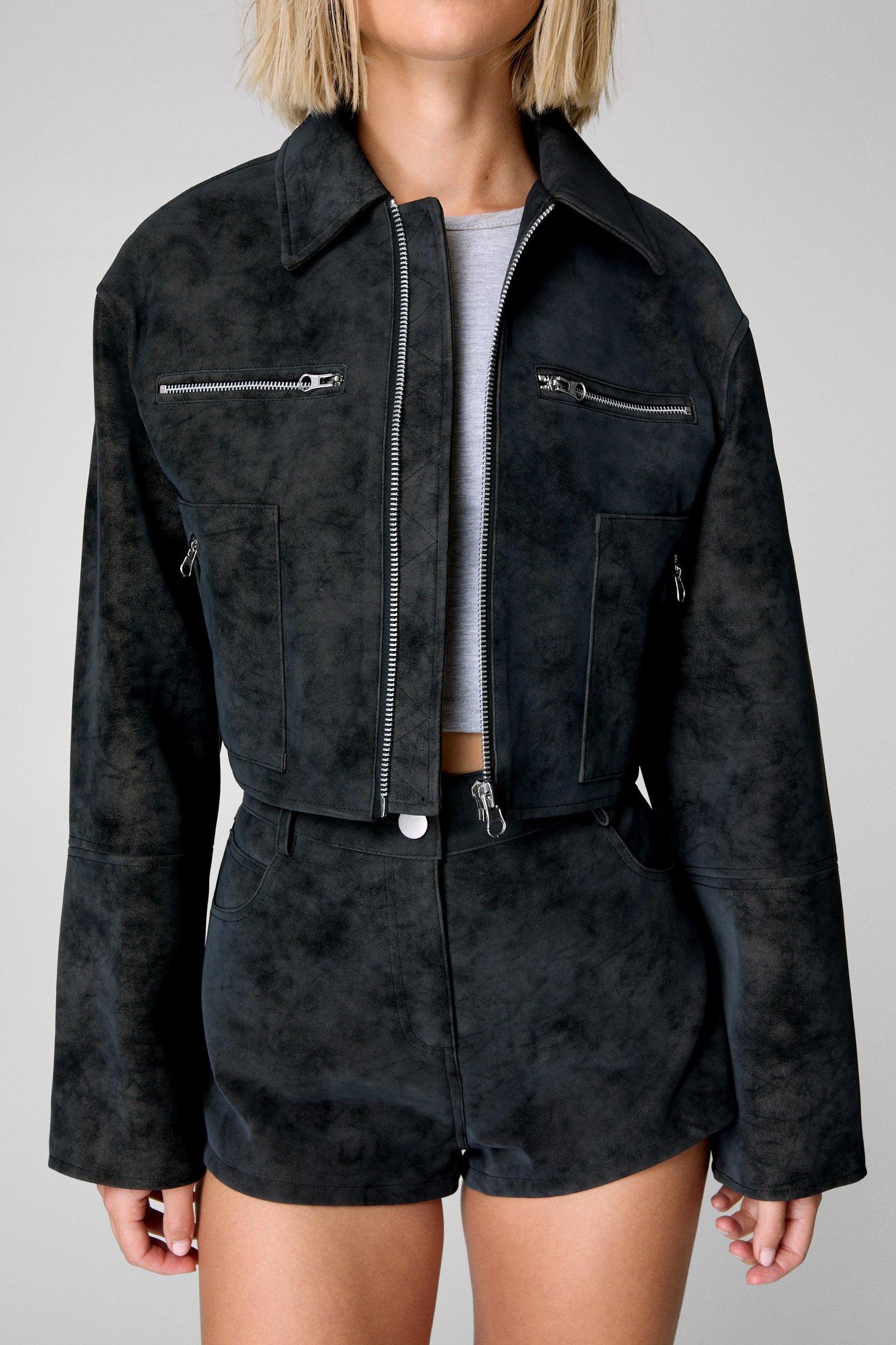 Distressed Faux Leather Trucker Jacket Product Image