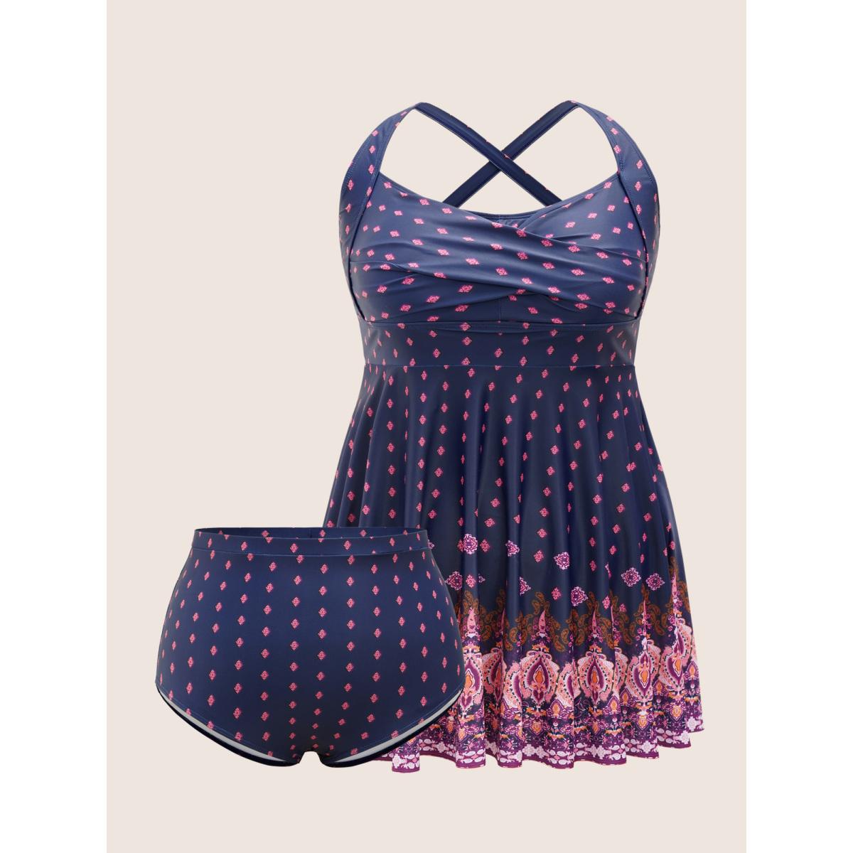 Plus Size Boho Print Very Stretchy Crossover Swim Dress Women's Swimwear DarkBlue Beach Bodycon Heart neckline No stretch Curve Swim Dresses BloomChic 22-24/3X Product Image