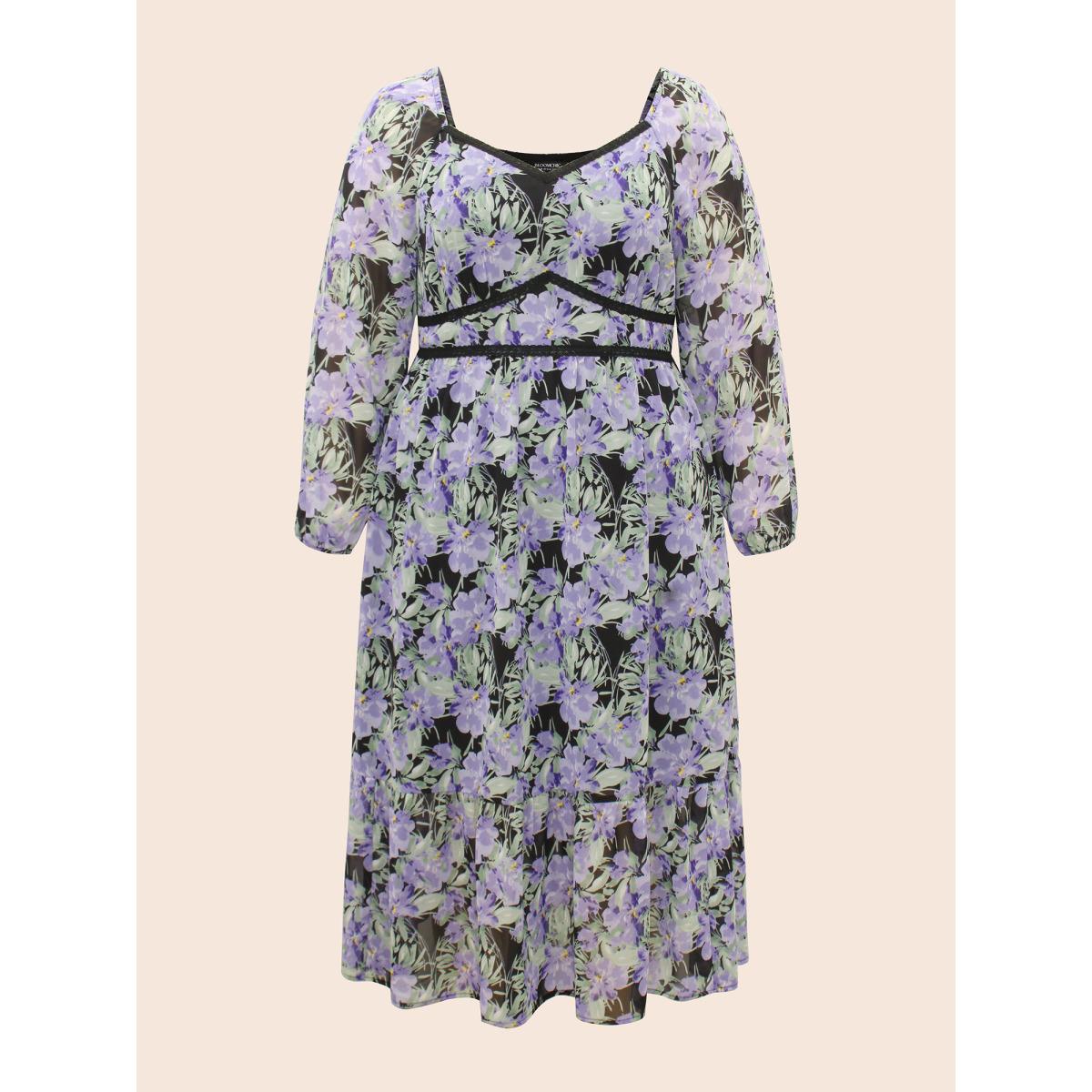 Plus Size Heart Neckline Floral Contrast Webbing Dress BlackFlower Women Elegant Woven ribbon&lace trim Heart neckline Long Sleeve Curvy BloomChic 28/5X Product Image