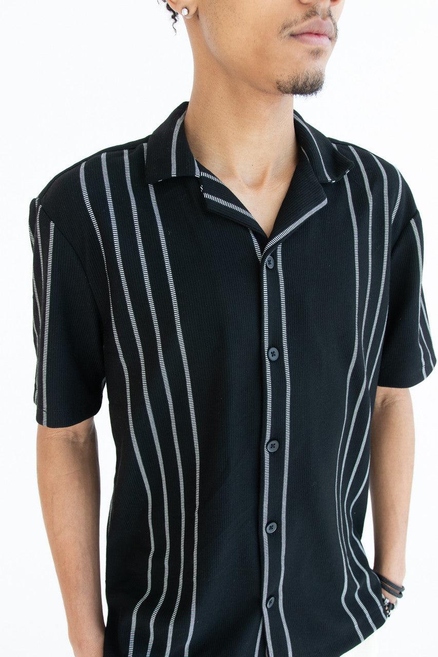 Ribbed White Stripe Black Button Up Shirt Product Image