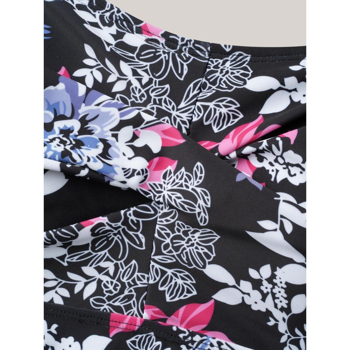 Plus Size Floral Color-Block Twist Front Swim Dress Women's Swimwear Black Beach Bodycon Heart neckline High stretch Curve Swim Dresses BloomChic 22-24/3X Product Image