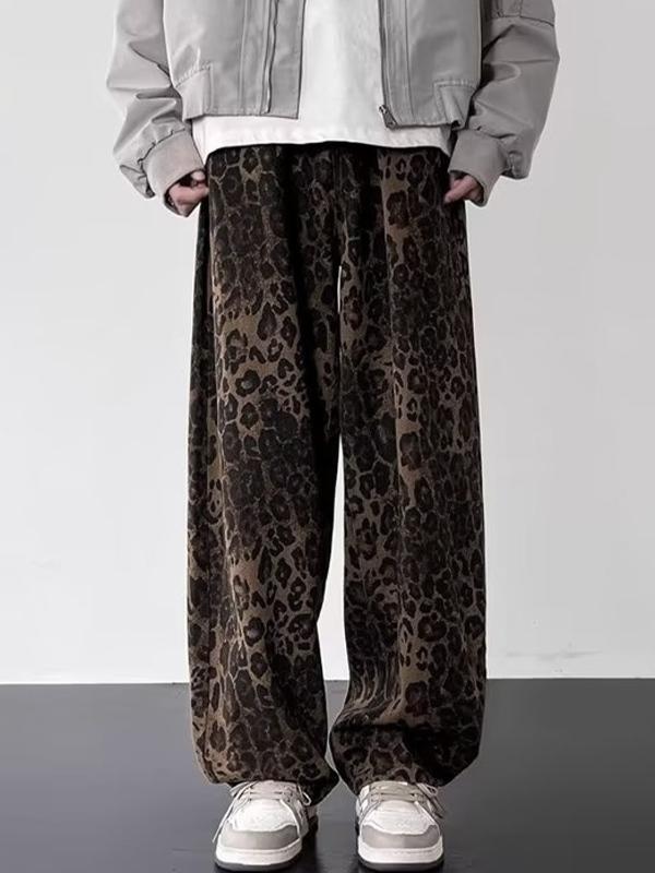 Men'S American Retro Niche Leopard Print Loose Jeans Product Image