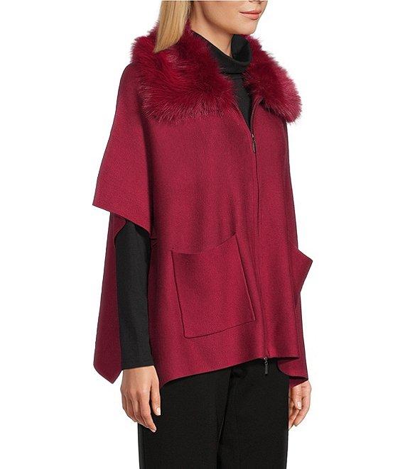 Investments Petite Size Removeable Faux Fur Collar Two-Way Zip Front Sweater Poncho Product Image