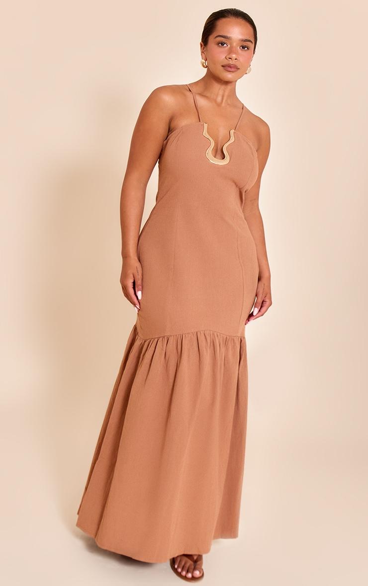 Shape Mocha Linen Gold Wave Trim Dropped Hem Maxi Dress Product Image