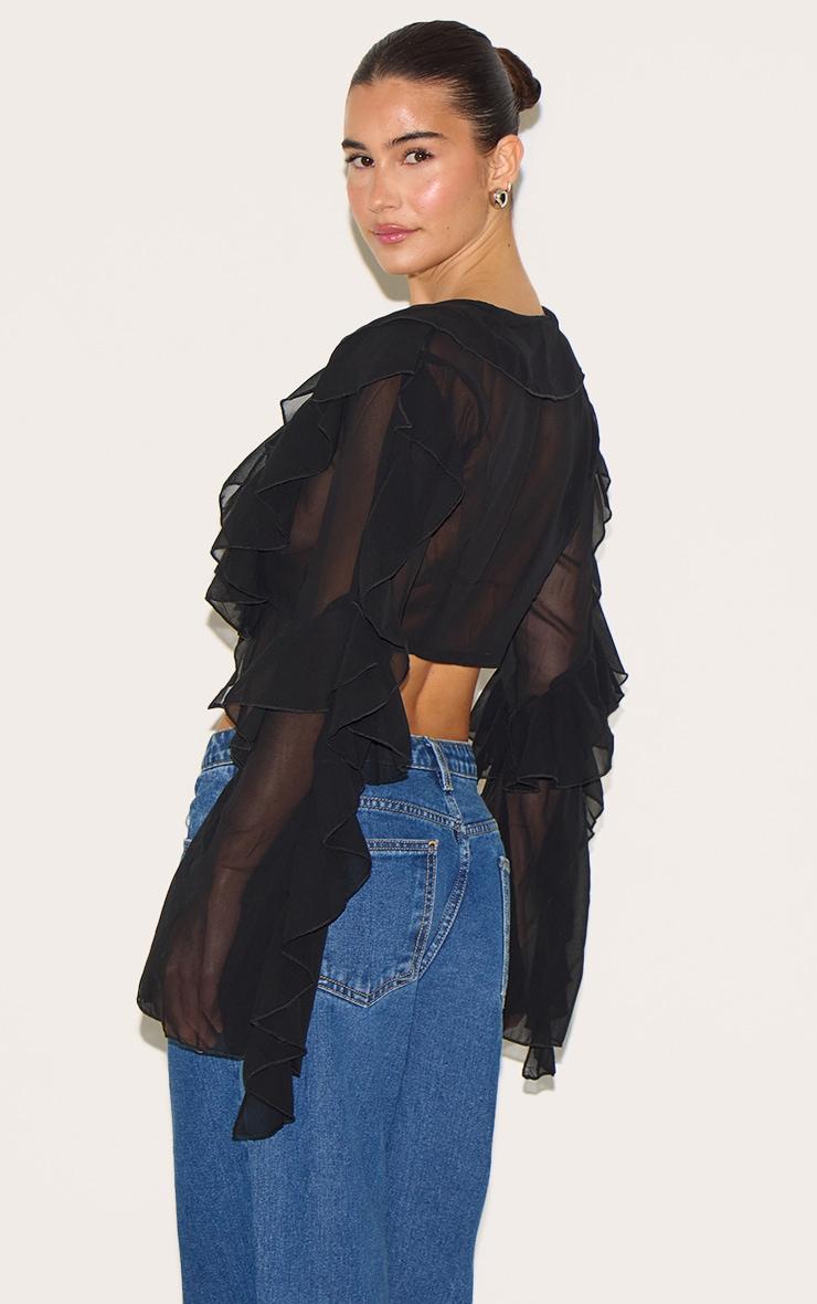 Black Extreme Frill Tie Front Flare Sleeve Blouse Product Image