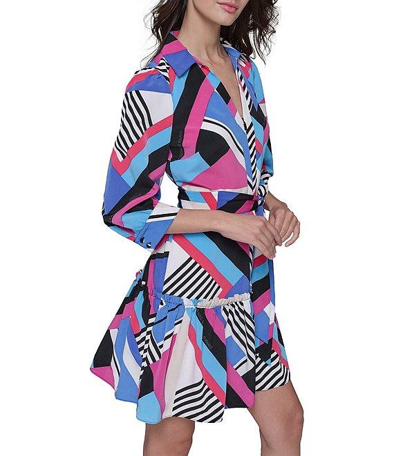 KARL LAGERFELD PARIS Silky Crepe Geometric Print Point Collar 3/4 Blouson Sleeve Belted A-Line Shirt Dress Product Image