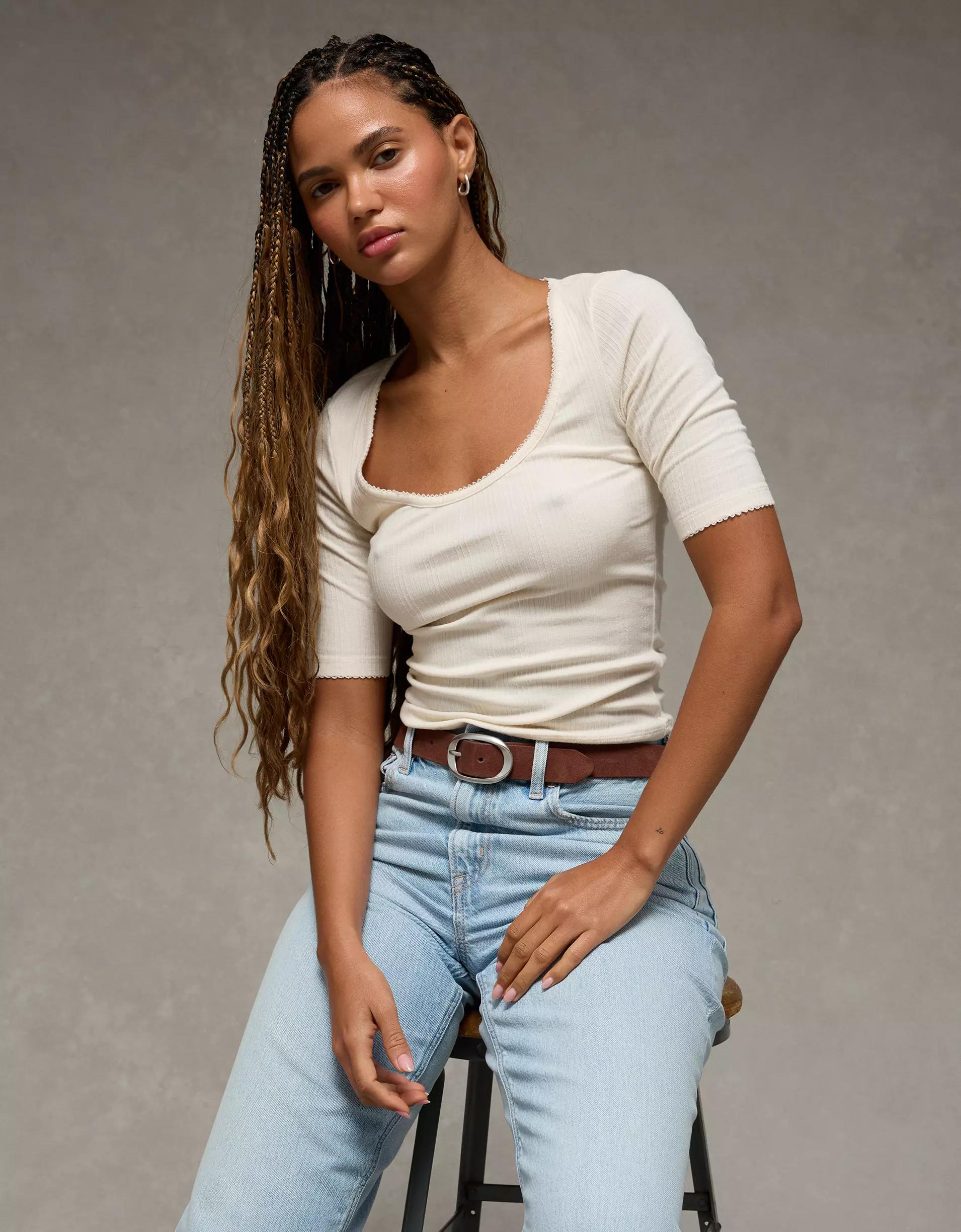 AE Half-Sleeve Scoop Neck Pointelle T-Shirt Product Image