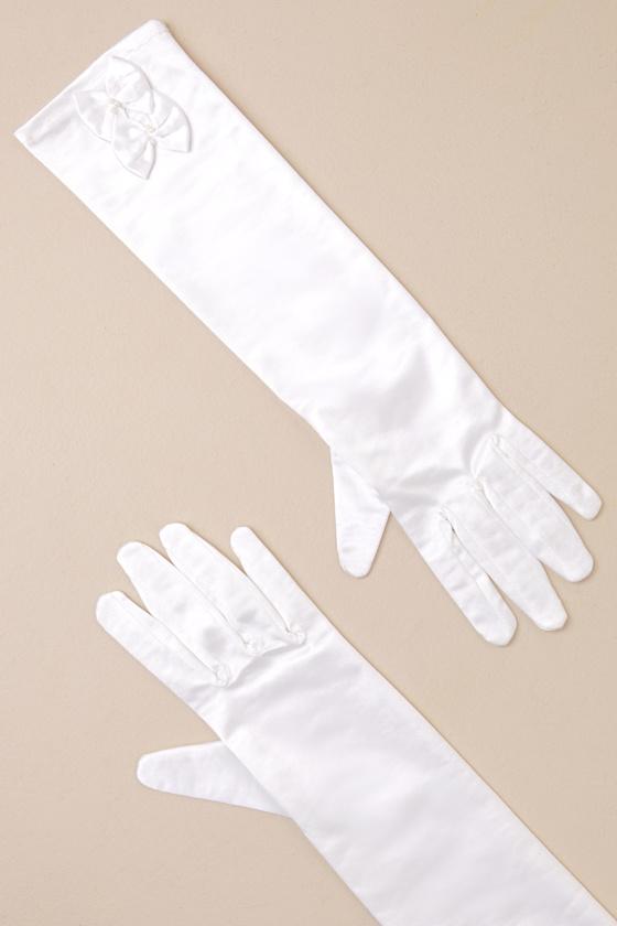 Extravagant Always White Satin Bow Elbow-Length Gloves Product Image