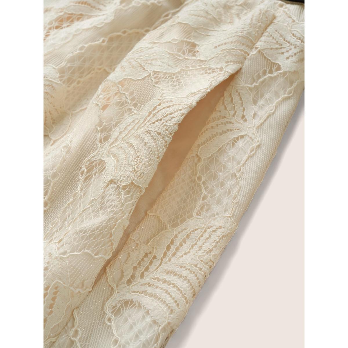 Plus Size Contrast Trim Lace V Neck Dress Apricot Women Elegant Non V-neck Elbow-length sleeve Curvy Midi Dress BloomChic 28/5X Product Image