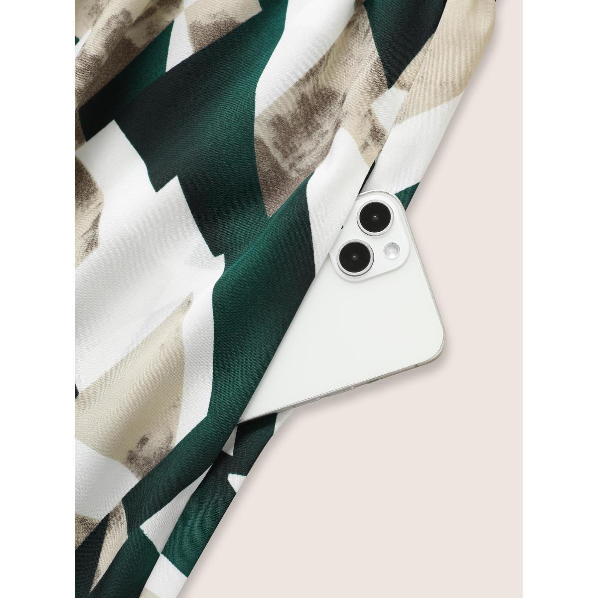 Plus Size Geometric Pocket Flat Collar With V Notch Dress DarkGreen Women At the Office Belted Flat collar with V-notch Short sleeve Curvy Midi Dress BloomChic 22-24/3X Product Image