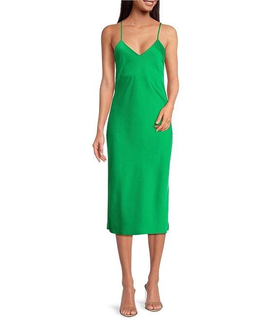Gianni Bini Harper Satin V-Neck Sleeveless Slip Midi Dress Product Image