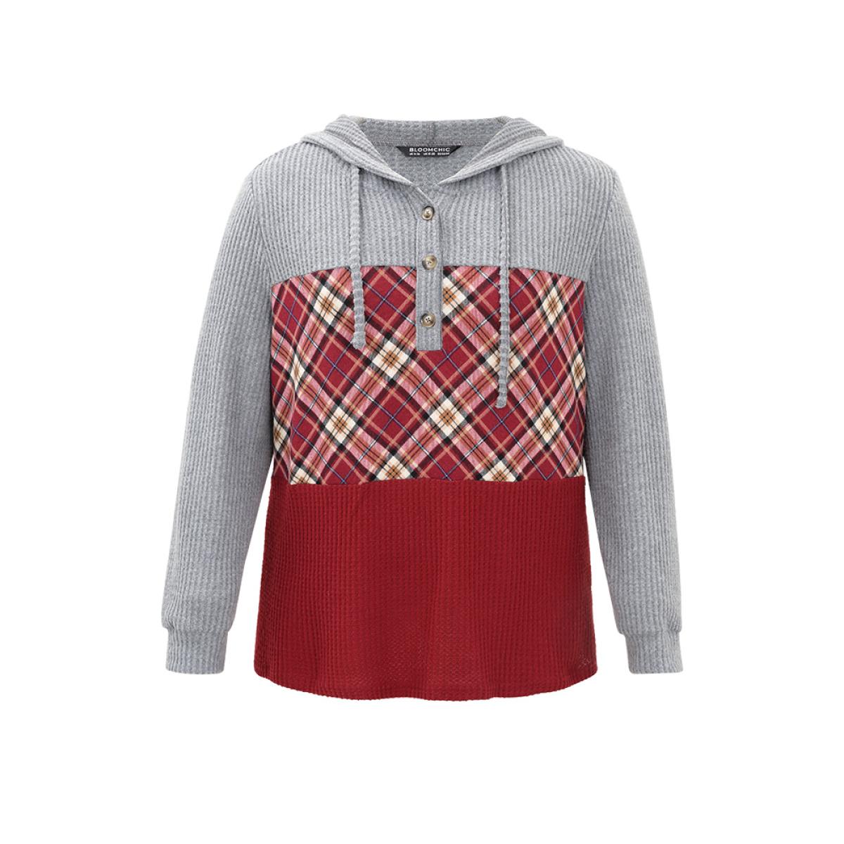 Plus Size Plaid Patchwork Textured Hooded Contrast Sweatshirt Women Red Casual Waffle Knit Hooded Festival-Christmas Sweatshirts BloomChic 14-16/1X Product Image