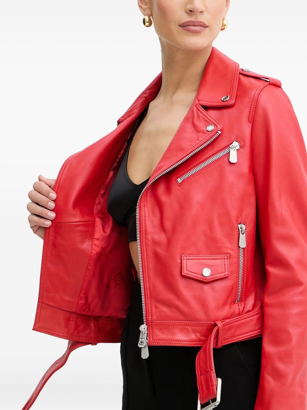 belted zip-front leather biker jacket Product Image