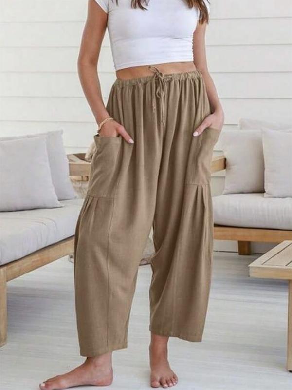 Column Loose Elasticity Pockets Solid Color Casual Pants Bottoms Trousers Product Image