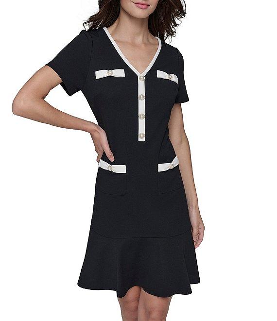 KARL LAGERFELD PARIS Short Sleeve Bow Detail Stretch Scuba Crepe Aline Dress Product Image