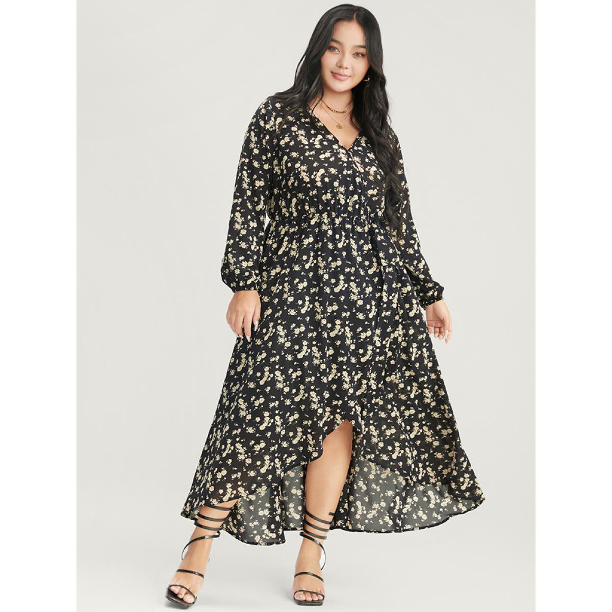 Plus Size Floral Wrap Lantern Sleeve Pocket Asymmetrical Hem Dress Black Women Elegant Cross straps V-neck Long Sleeve Curvy Long Dress BloomChic 26/4X Product Image