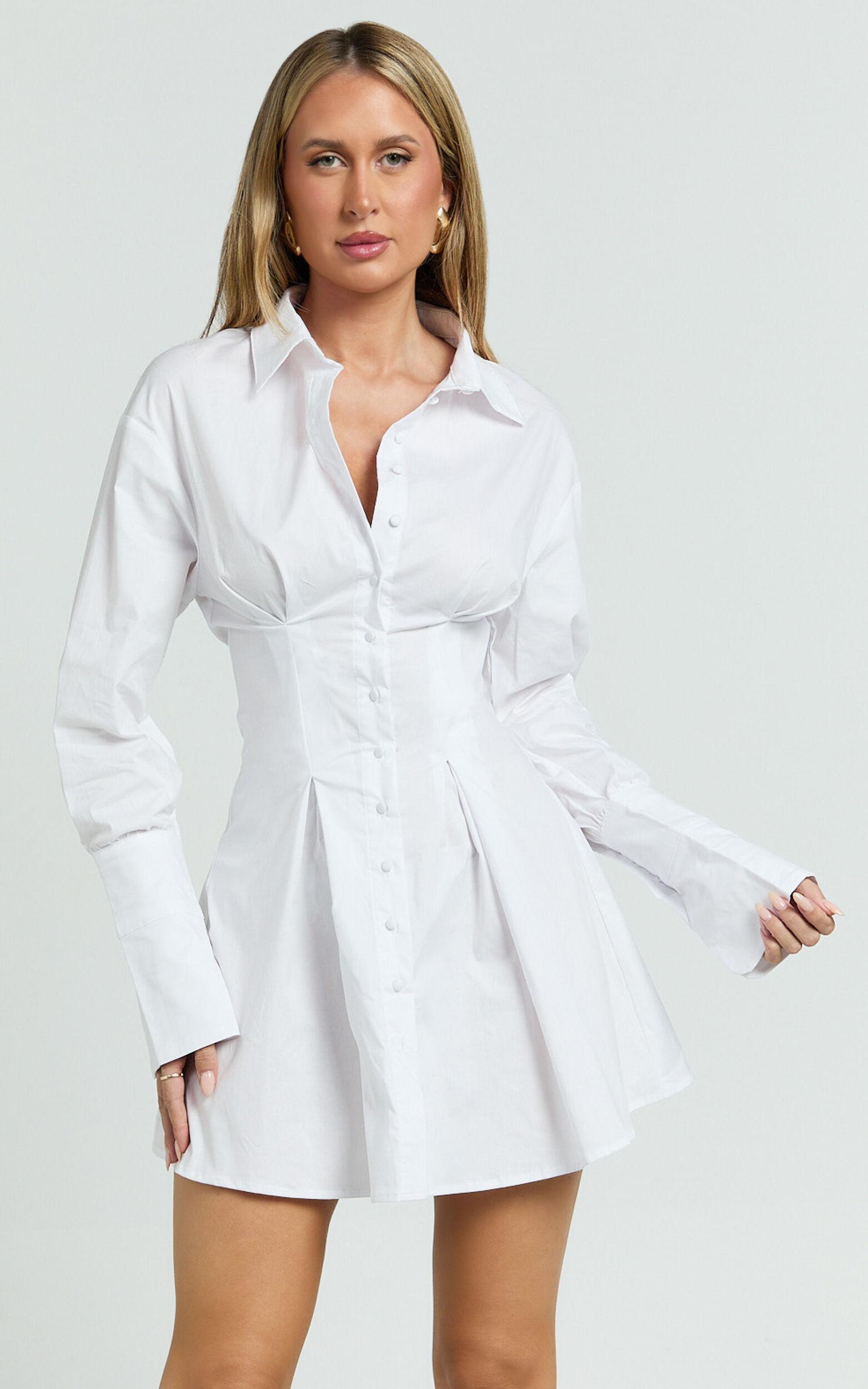 Yasmina Mini Dress - Button Front Long Sleeve Fit And Flare Dress in White Product Image