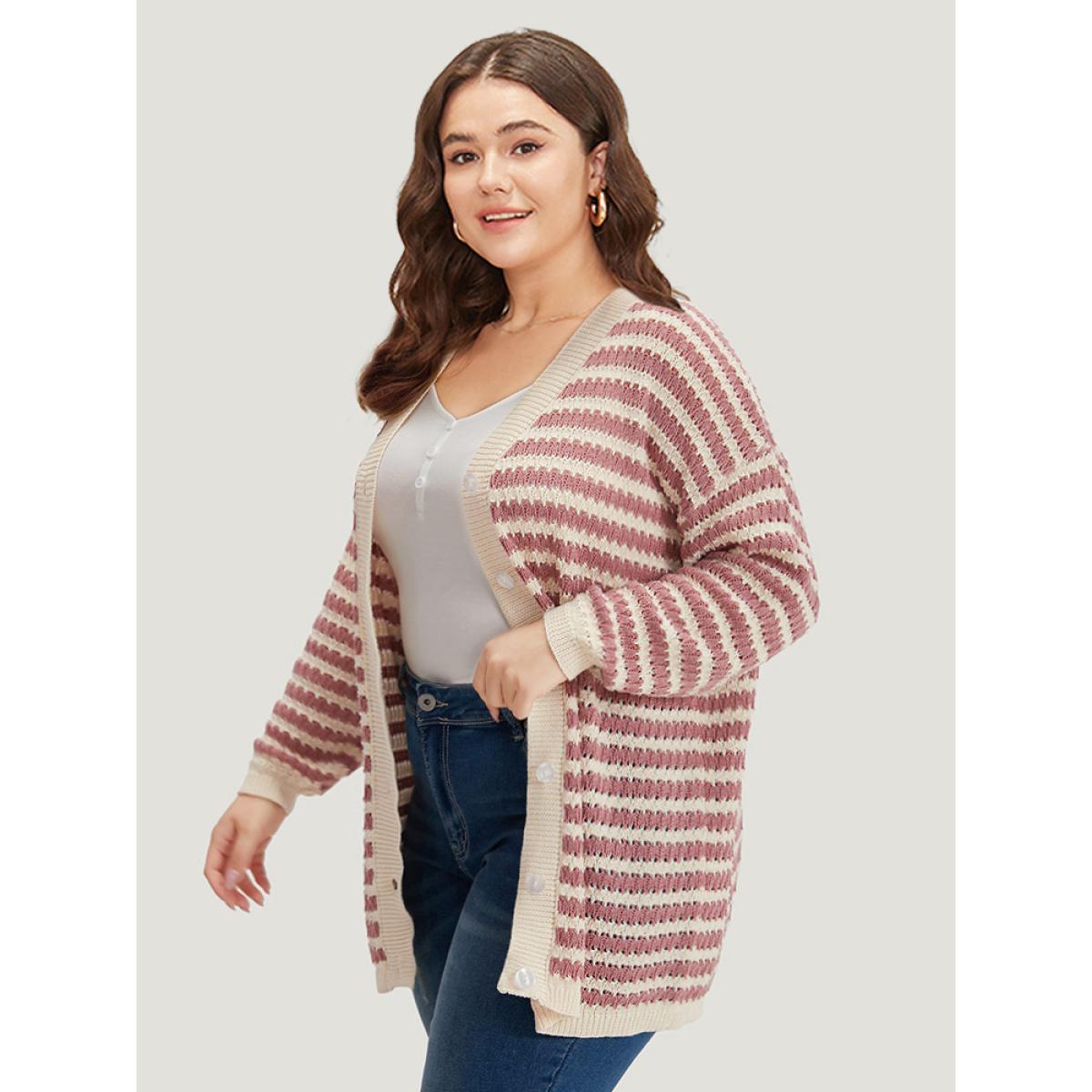Plus Size Striped Button Through Cut Out Cardigan DustyPink Women Casual Loose Long Sleeve Dailywear Cardigans BloomChic 14-16/1X Product Image