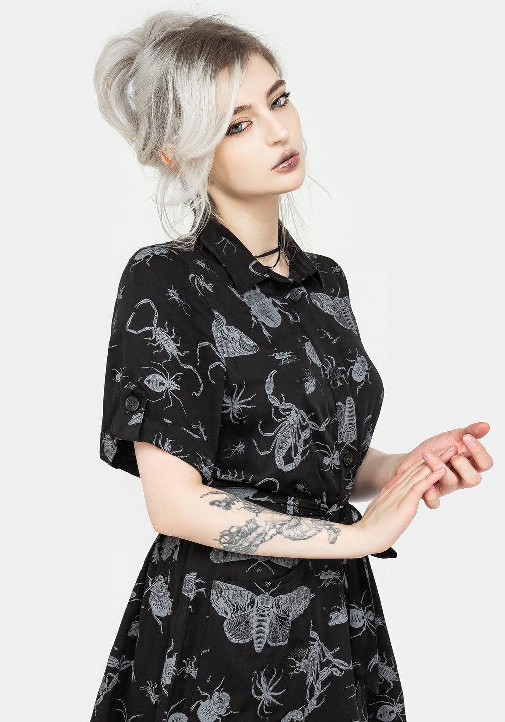 Parasite Bugs Short Sleeve Mini Shirt Dress - Black Product Image
