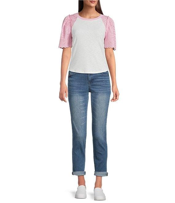 Democracy Mix-Media Scoop Neck Embroidered Elbow Puff Sleeve Top Product Image