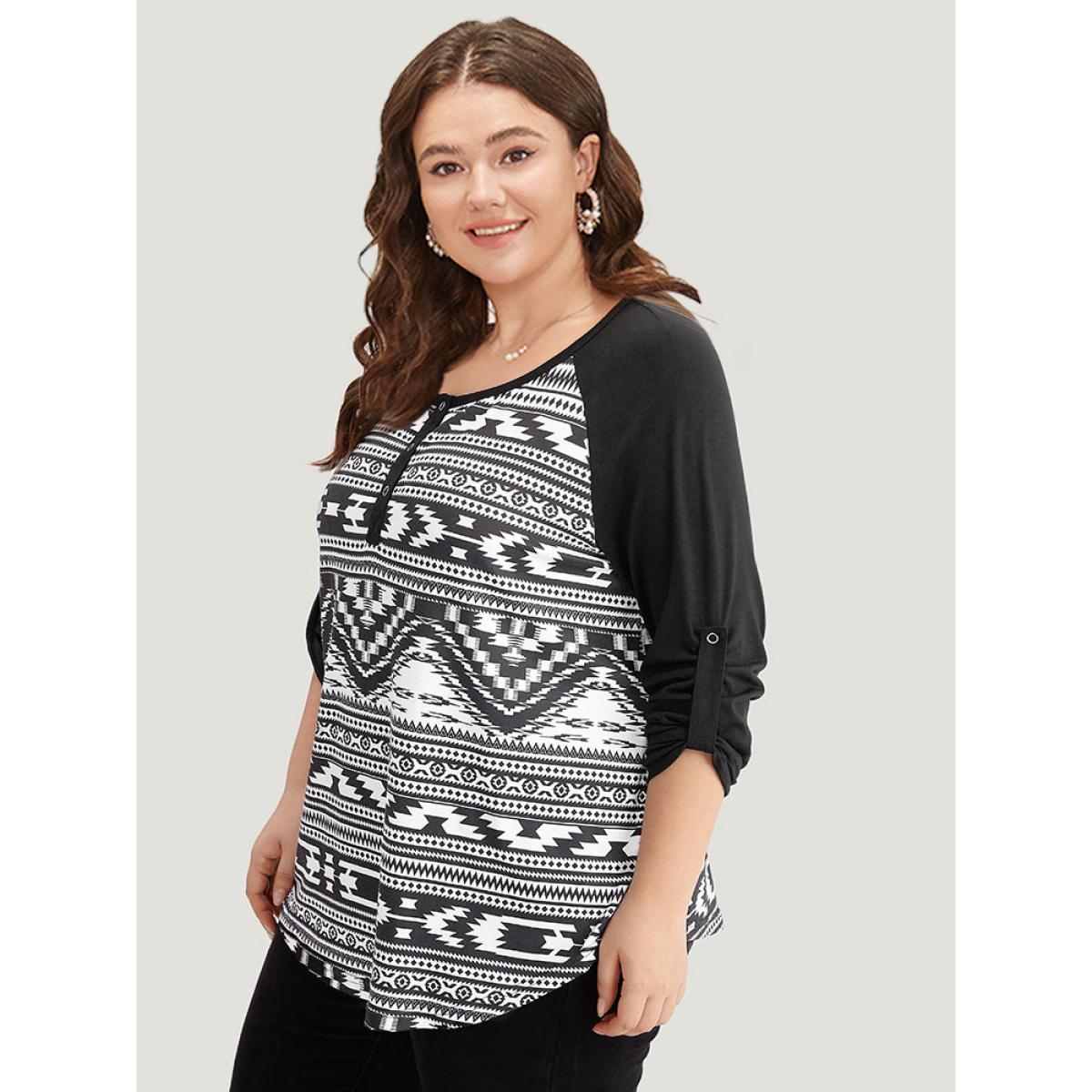 Plus Size Geometric Patchwork Button Down T-shirt Black Women Casual Contrast Geometric Open Front Dailywear T-shirts BloomChic 18-20/2X Product Image