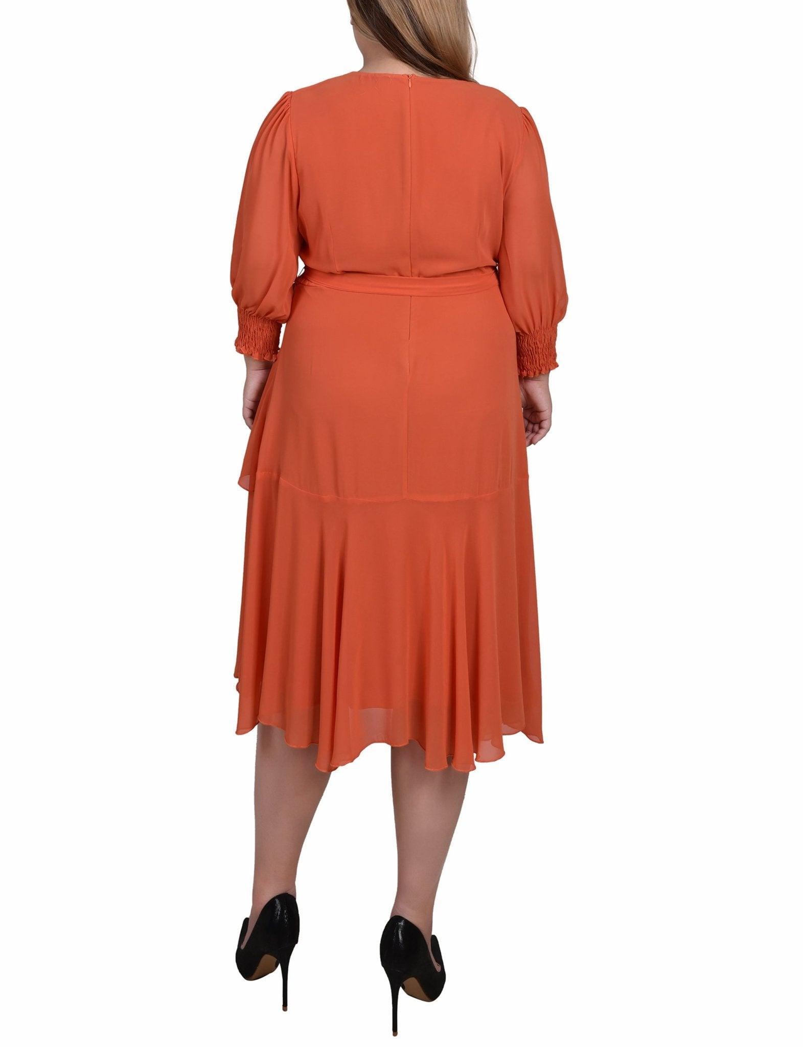 Orange Rust 3/4 Sleeve Belted Chiffon Hankerchief Hem Dress - Plus Product Image