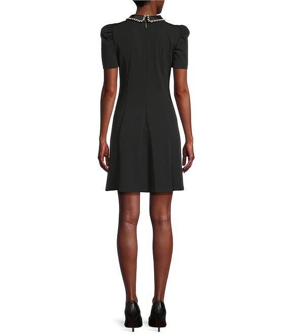 KARL LAGERFELD PARIS Short Sleeve Scuba Embellished Peter Pan Collar Fit and Flare Dress Product Image