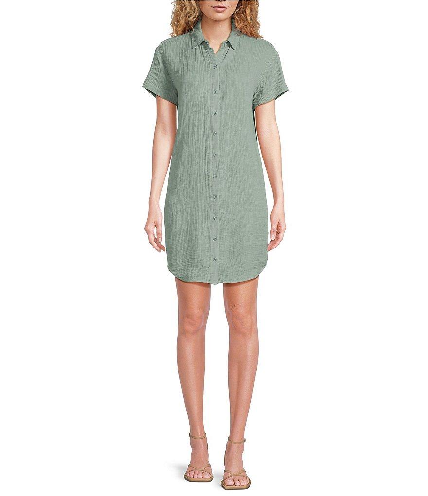 Cloth & Stone Woven Collared Short Sleeve Button Front Shift Dress Product Image