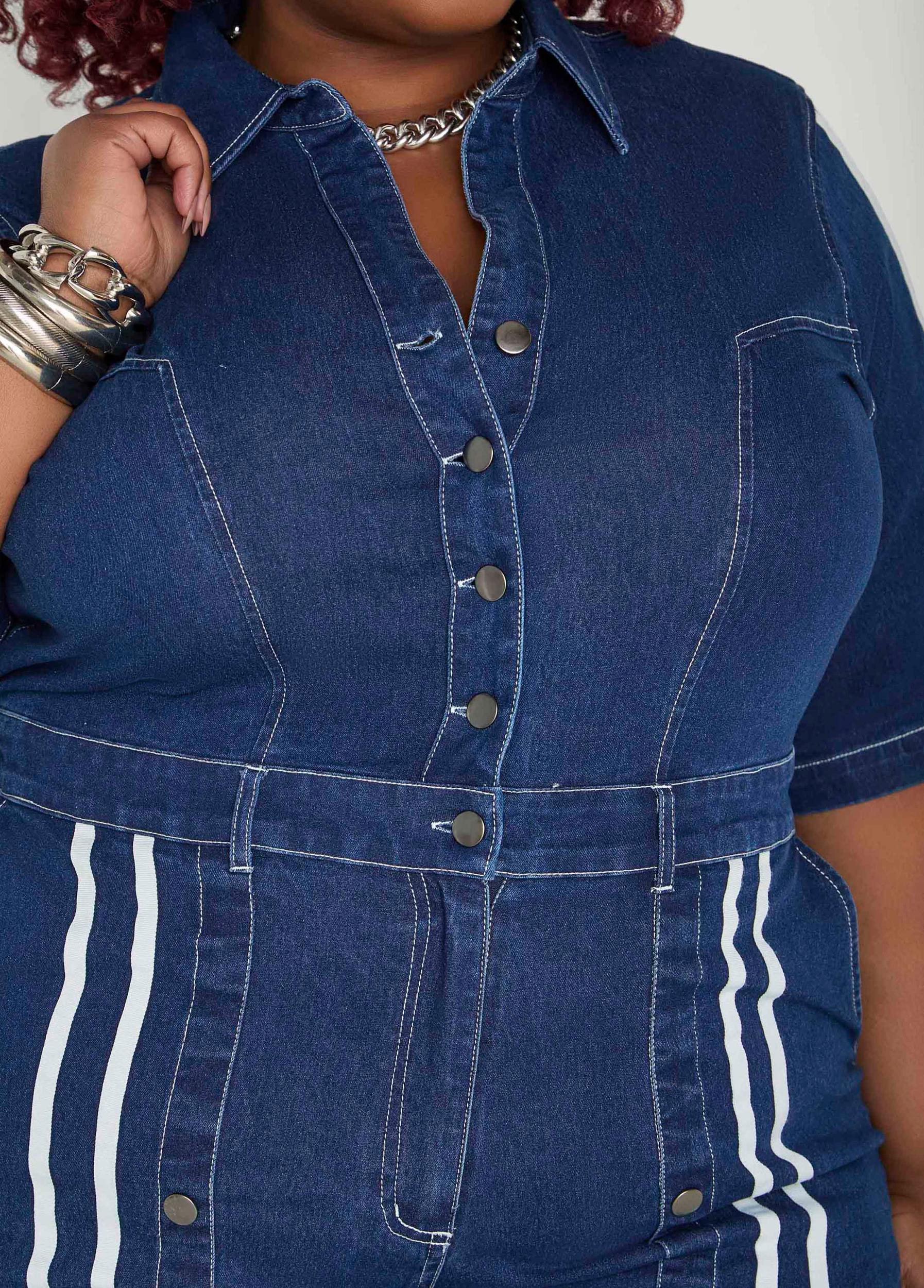 Snap Detail Striped Denim Jumpsuit Product Image