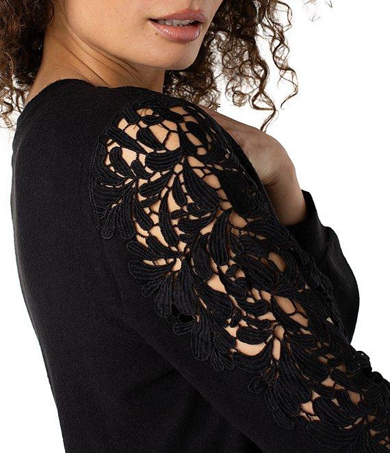 Liverpool Los Angeles Petite Size Crew Neck Long Soft Lace Inset Sleeve Top Product Image