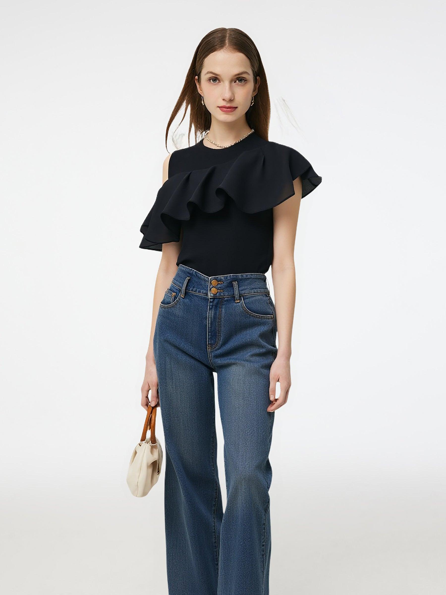 Tencel Blend Slant Ruffle Women Off-Shoulder Knit Top Product Image