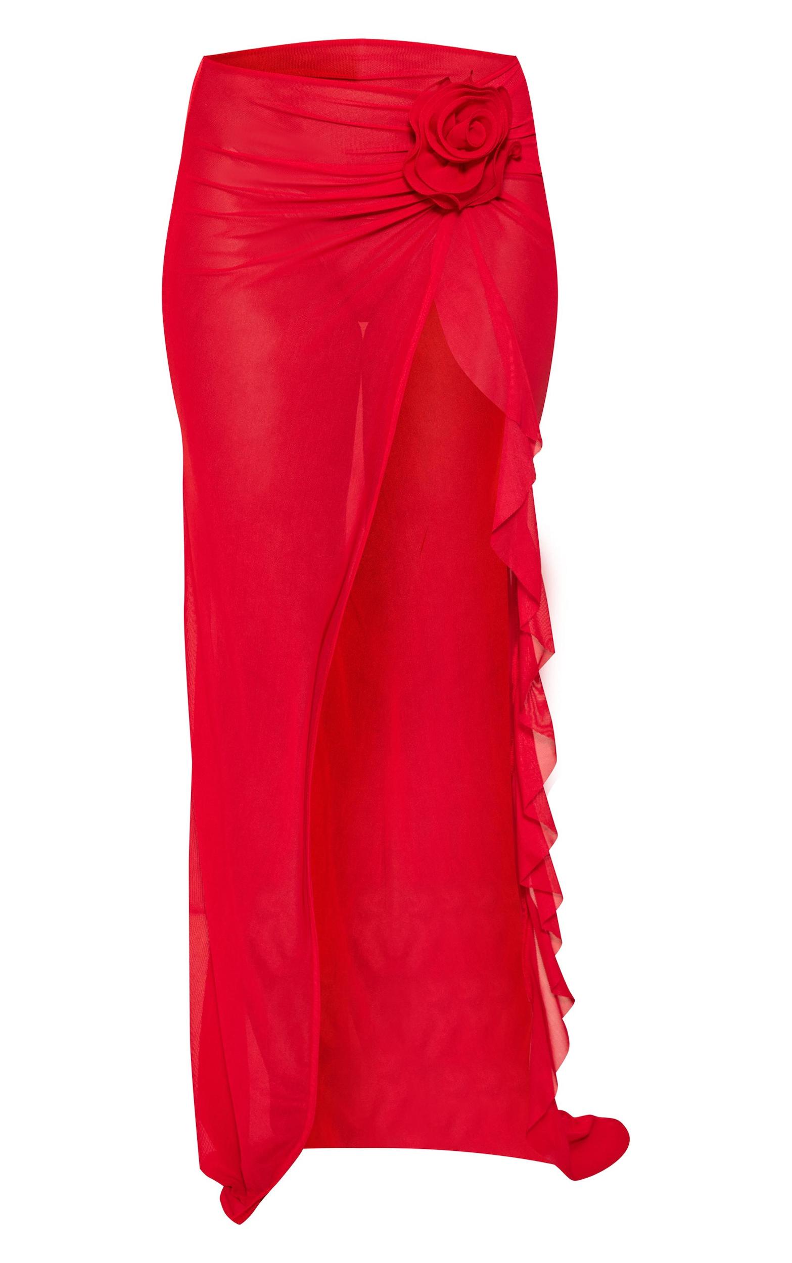 Red Chiffon Flower Detail Drape Mini Beach Skirt Product Image