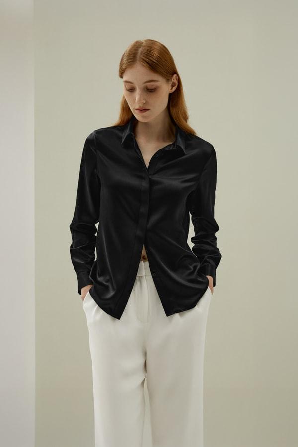 LILYSILK Silk Shirt Women - Dark Gray Mulberry Silk - Non-Toxic Dyes Concealed Mother-Of-Pearl Buttons Blouse Petite M Product Image