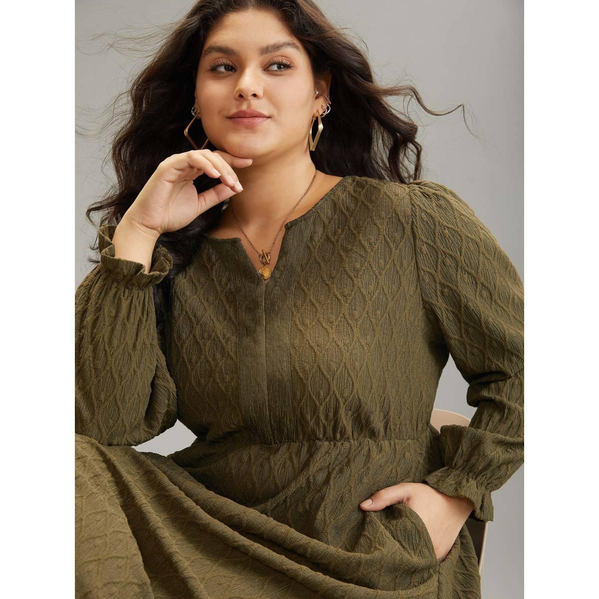 Plus Size Textured Jacquard Notched Ruffle Sleeve Dress DarkBrown Women At the Office Texture Notched collar Long Sleeve Curvy Midi Dress BloomChic 26/4X Product Image