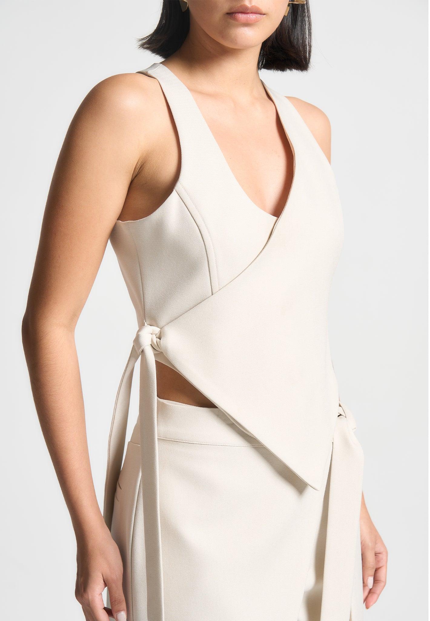 Asymmetric Tailored Waistcoat with Tie - Light Beige Female Product Image