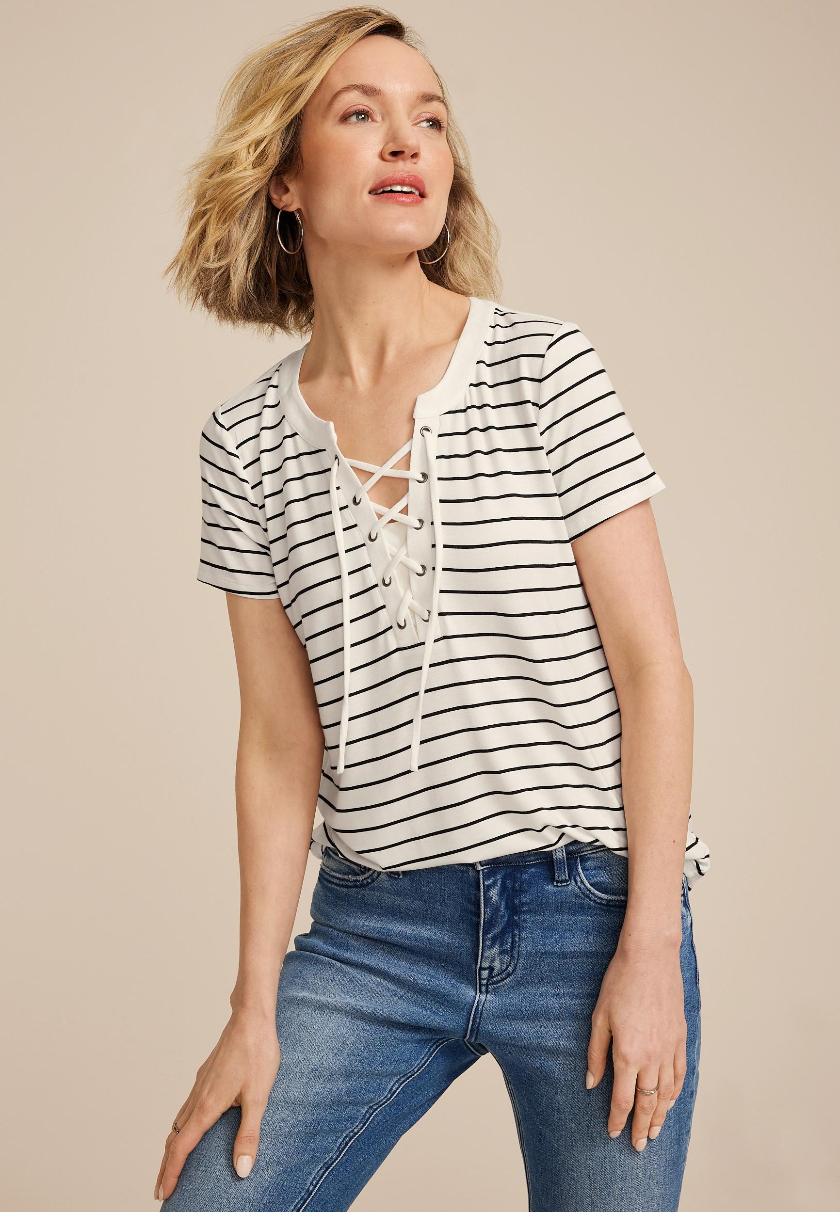Striped Lattice Front Short Sleeve Tee Product Image