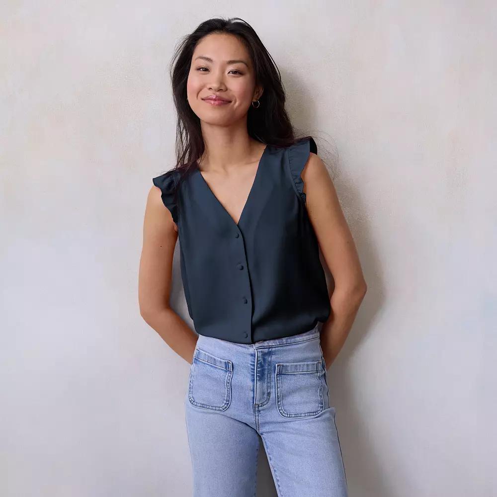 Women's LC Lauren Conrad Ruffle Shoulder V-Neck Tank, Size: Small, Seattle Blue Product Image