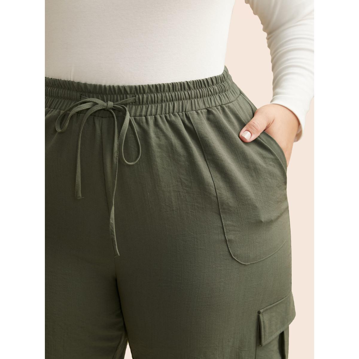Plus Size Mid Rise Patched Pocket Drawstring Pants Women ArmyGreen Casual Mid Rise Everyday Pants BloomChic 12/L Product Image