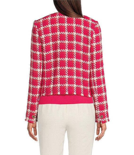 KARL LAGERFELD PARIS Tweed Floral Embellished Round Neck Long Sleeve Open Jacket Product Image