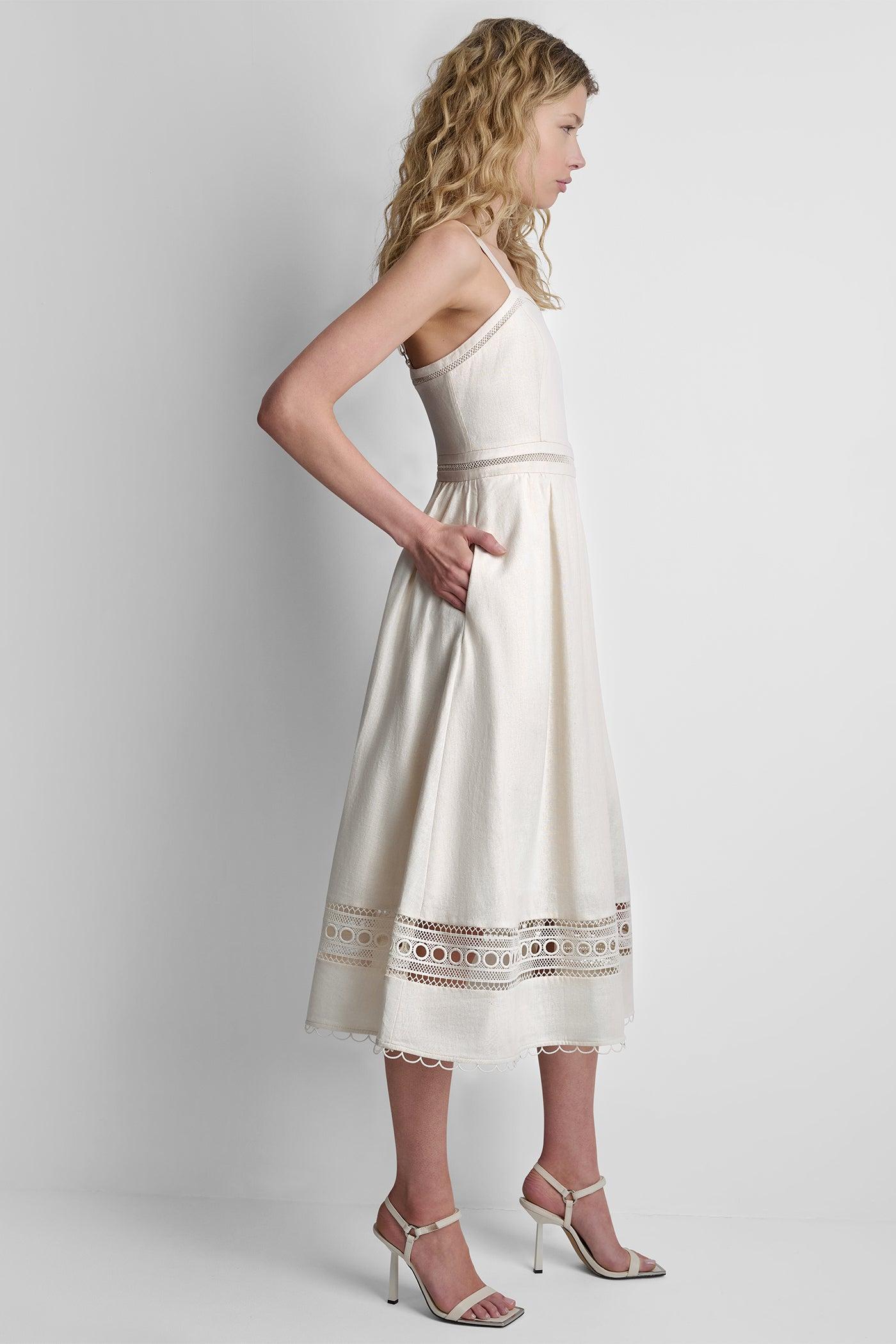 LINEN-BLEND LACE-TRIMMED MIDI DRESS Product Image