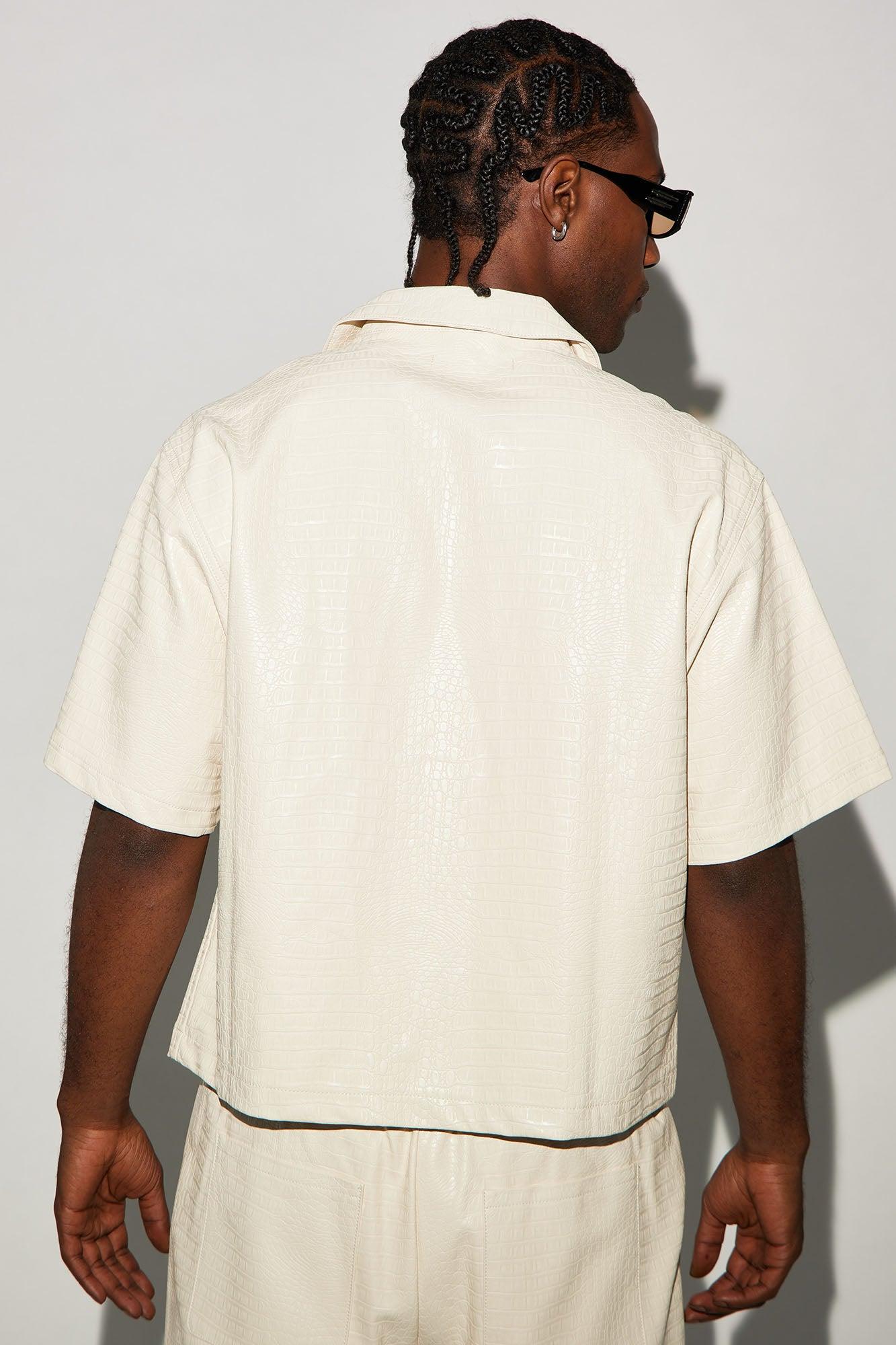 Gotta Run Faux Croc Leather Cropped Button Up Shirt - Cream Product Image
