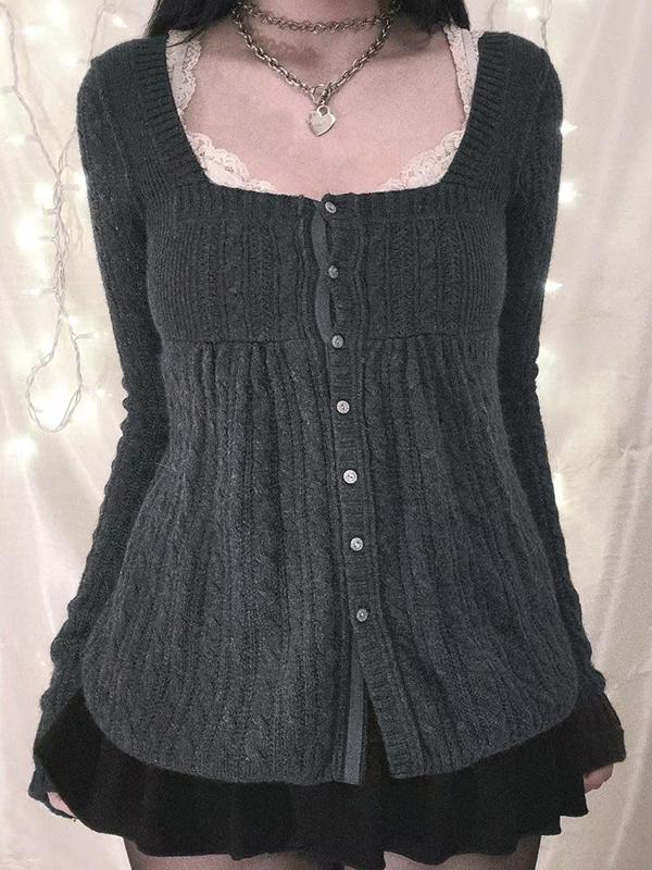 Solid Pointelle Square Neck Knit Cardigan Product Image