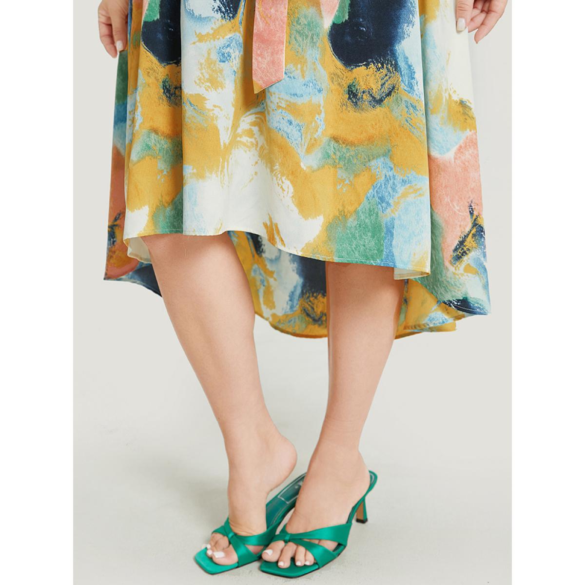 Plus Size Tie Dye Ruffle Pocket Wrap Belted High Low Dress Green Women Elegant Wrap V-neck Short sleeve Curvy Midi Dress BloomChic 18-20/2X Product Image