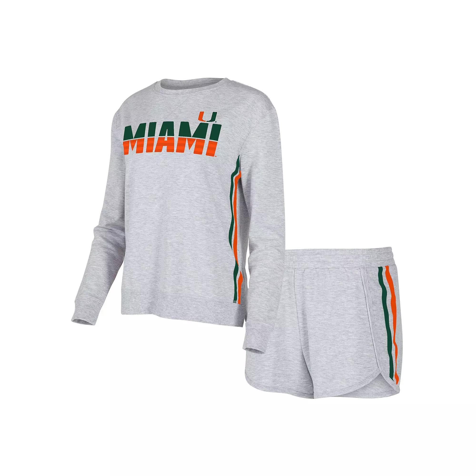 Women's Concepts Sport Gray Miami Hurricanes Cedar Tri-Blend Long Sleeve T-Shirt & Shorts Sleep Set,  Product Image
